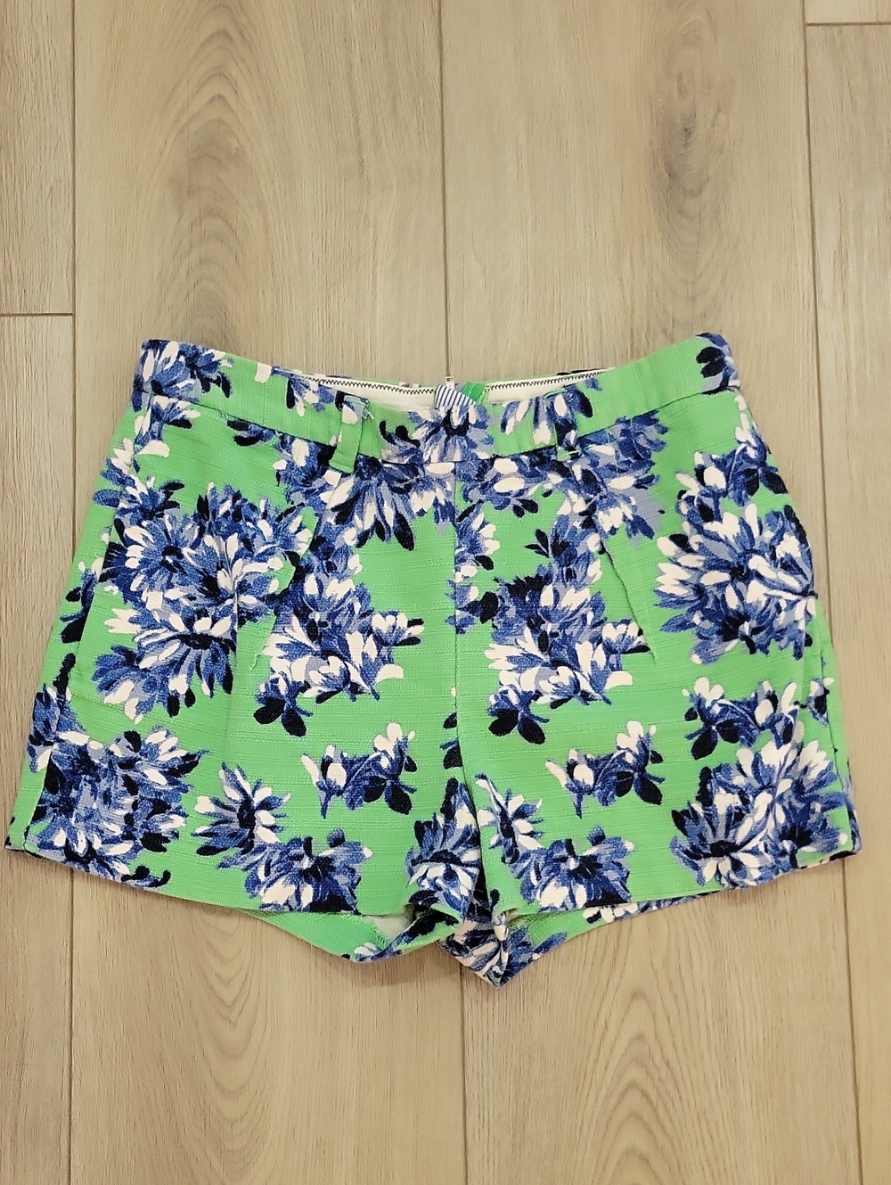 J. Crew Green Floral High-Waist Shorts with Blue & White Print